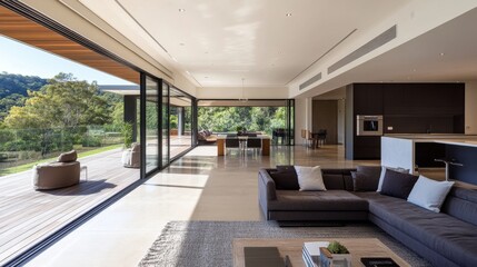 Obraz premium Modern Living Room with Large Windows and a View of Trees