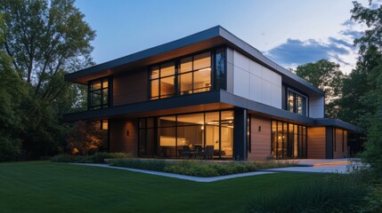Modern Home with Large Windows and a Back Patio at Dusk
