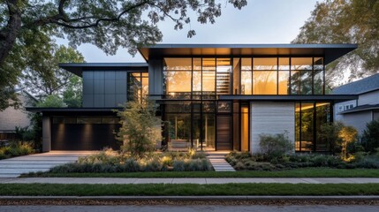 Modern House with Large Windows and Landscaped Front Yard