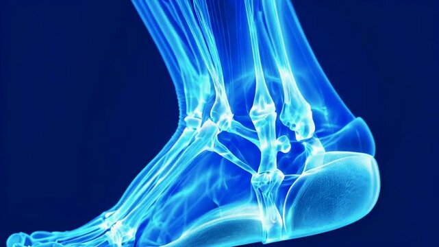 X-ray image of an ankle joint, showcasing bones and structure for medical analysis.