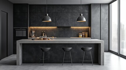 Modern Minimalist Kitchen Island with Bar Stools and City View