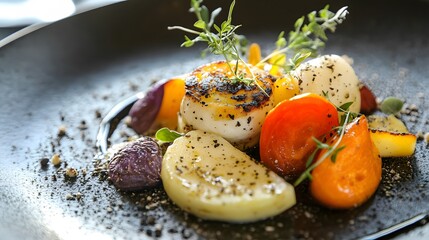 A gourmet winter dish with roasted seasonal vegetables and herbs elegantly presented as part of a fine dining tasting menu