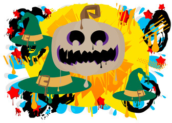 Witch's Hat and Jack O' Lantern  Graffiti tag. Abstract modern street art decoration performed in urban painting style.
