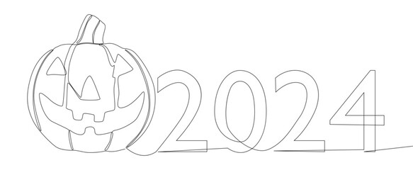 One continuous line of number 2024 and Halloween Jack O' Lantern pumpkin. Thin Line Illustration vector concept. Contour Drawing Creative ideas.