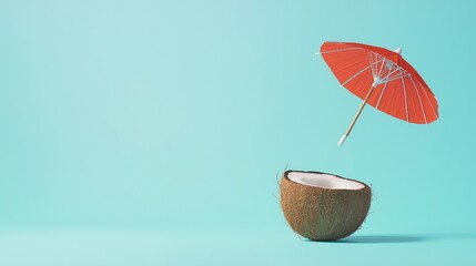 Simple, cyan background for product photography with lots of space surrounding the subject and a floating coconut and cocktail umbrella generated by Generative AI