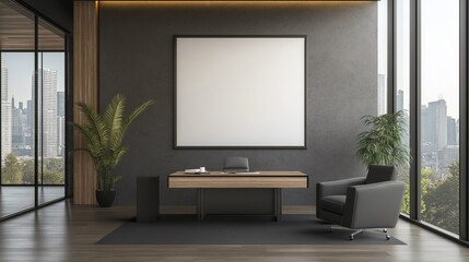 The wall features a blank poster and a modern office desk. 3D Production
