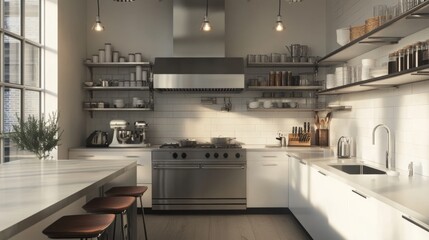Fototapeta premium Modern Kitchen with White Cabinets, Stainless Steel Appliances, and Open Shelving