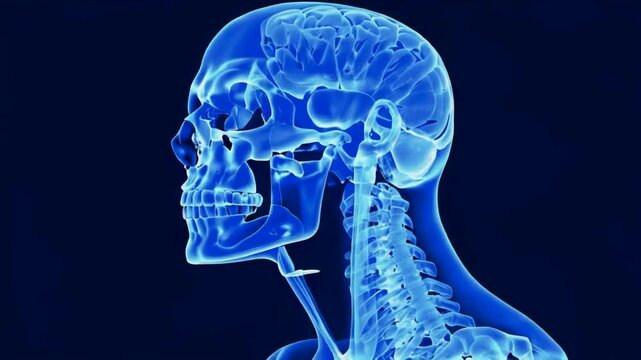 A blue-toned illustration of a human skull, brain, and spine, highlighting anatomical structures.