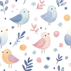 Seamless pattern with pastel-colored birds and light floral elements. Perfect for children's designs and soft decor.