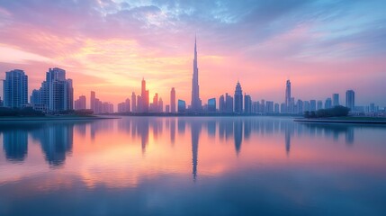 Obraz premium A modern city skyline with a lake in the foreground sunset background