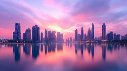 Obraz premium A city skyline at sunset with colorful clouds reflected in the water with the city skyline in the background