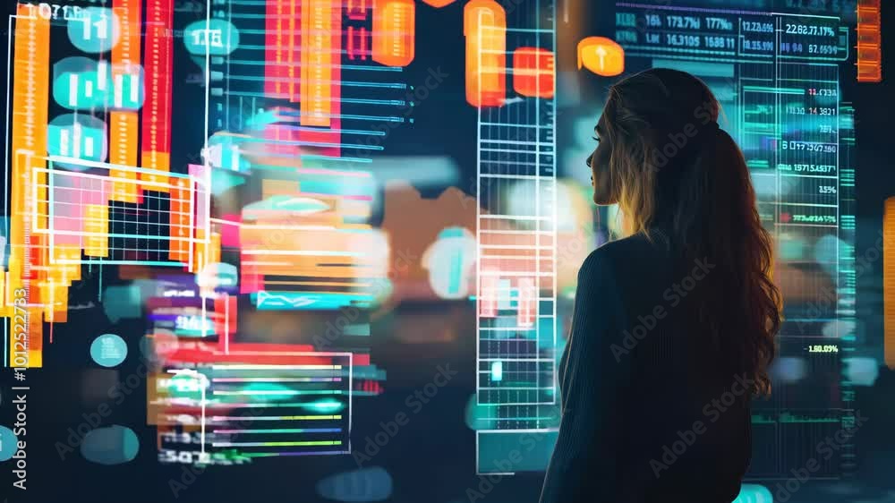 Aufkleber a woman is looking at a computer screen with a lot of numbers and lines