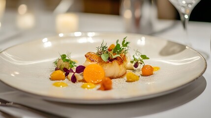 A gourmet winter tasting menu dish with hearty ingredients like root vegetables and herbs beautifully presented in a refined setting