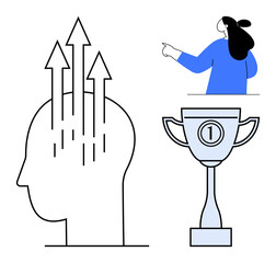 Arrows pointing upward from a head represent personal growth and development. A person giving directions symbolizes guidance. Ideal for self-improvement, motivation, success, leadership, and guidance