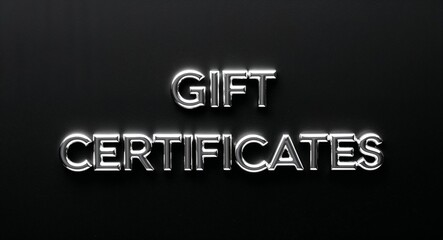 Gift certificates silver shining shiny solid metallic lettering on plain black background