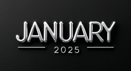 january 2025 silver shining shiny solid metallic lettering on plain black background