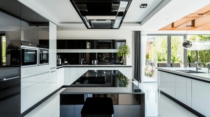 Modern Kitchen with Black and White Cabinets and a Large Island