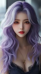 Fototapeta premium Colorful anime style image of Asian woman with two-tone ombre hair design
