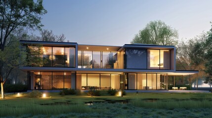 Obraz premium Modern House With Large Windows and a Pool