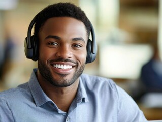 Smiling Professional Businessman in Headphones, Office Background