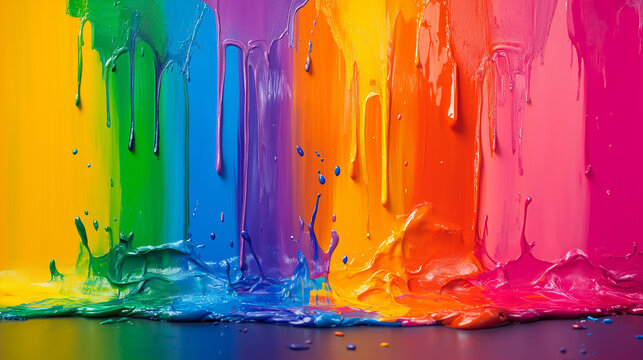 Colorful paint dripping down. Abstract background with rainbow colors.