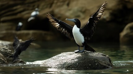 Fototapeta premium Cormorant with Spread Wings on a Rocky Shore