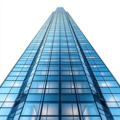 3D model of a modern office building with sleek glass facade, positioned at a low angle to emphasize its height, against a white background. 