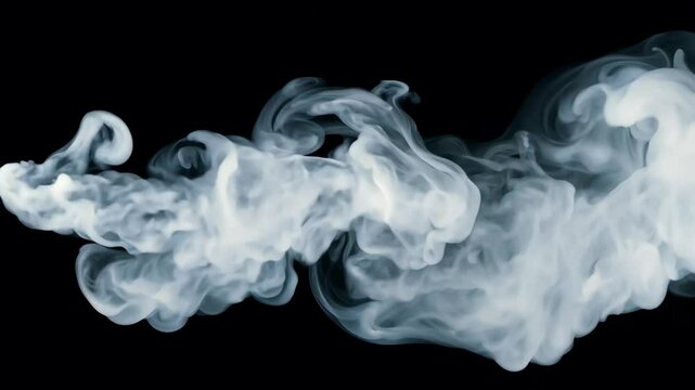 A swirl of white smoke captured against a dark black background forming intricate patterns as it moves. The ethereal shapes evoke a sense of mystery and intangible beauty.