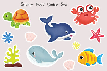 Sticker Pack Sea Animal Watercolor Adorable 
