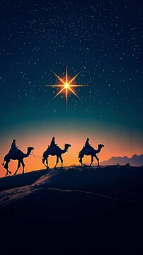 three wise men on camels in the desert, with the shining star of bethlehem in the sky. 