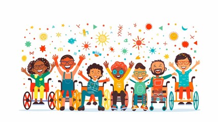 Fototapeta premium Cartoon illustration of diverse characters with various disabilities celebrating International Day of Persons with Disabilities on an isolated white background
