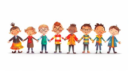 Fototapeta premium Cartoon illustration of a group of people with different disabilities holding hands in a circle on an isolated white background