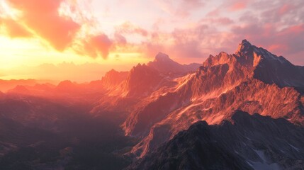 Naklejka premium Majestic Mountain Range Bathed in Golden Sunset Hues