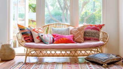 Fototapeta premium Cozy Bohemian Living Room with Colorful Pillows