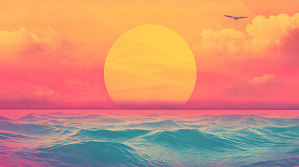 retro landscape of sea and sunset for background