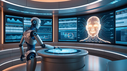 AI Robot Analyzing Data in a Futuristic Control Room
