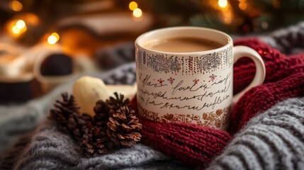 Cozy Winter Scene with Mug of Warm Drink on Knit Blanket