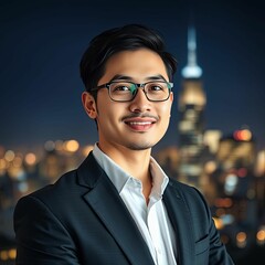 Fototapeta premium Confident Businessman with Cityscape at Night 