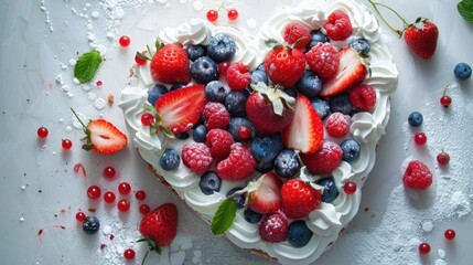 Heart-Shaped Cake with Fresh Berries and Whipped Cream