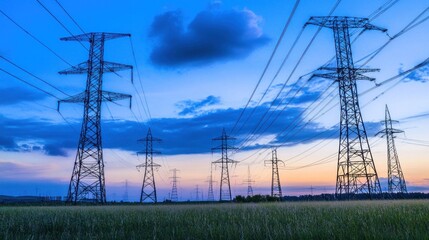 Power Lines in a Field at Sunset