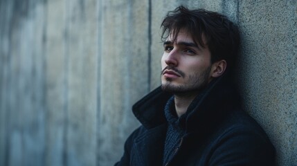 Fototapeta premium A Young Man in a Dark Coat Leans Against a Wall, Looking Upward