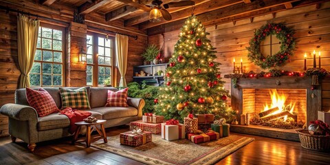 Obraz premium Festive Araffy Living Room with Christmas Tree and Presents for Holiday Decor Inspiration