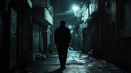 Fototapeta premium Silhouette of a Person Walking Alone in a Dark Alleyway