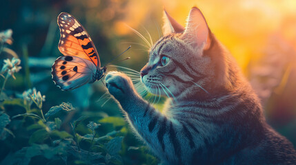 Cat gently touching a butterfly with its paw in a garden