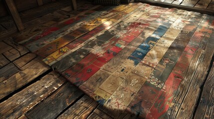Rustic Wooden Floor with Colorful Patchwork Rug