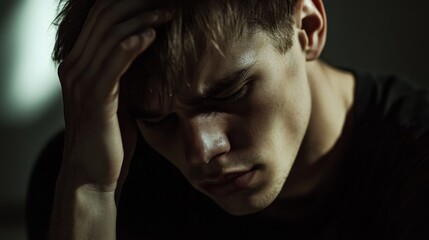 Close-up Portrait of a Young Man with His Hand on His Forehead