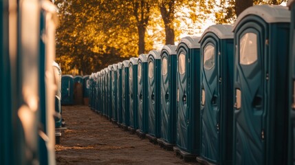 Row of portable toilets in a park setting