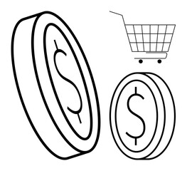 Simple design of a shopping cart next to two coins with dollar signs. Ideal for commerce, finance, budgeting, economics, saving. Elements are presented in a clean, vector style with black outlines