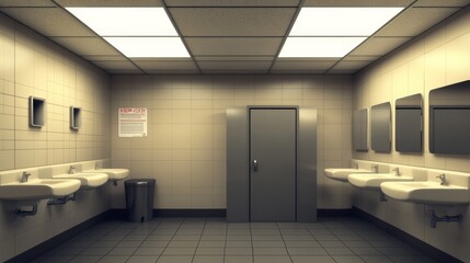 Fototapeta premium A Modern Public Restroom with Multiple Sinks and a Sign