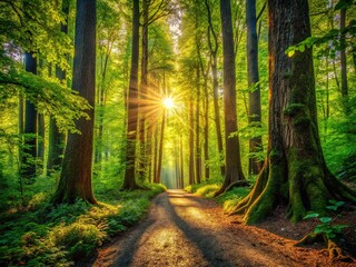 Obraz premium Panoramic View of Majestic Trees in Lush Green Landscape for Nature Enthusiasts